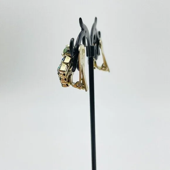 Vintage Square Aurora Borealis Earrings Gold Tone Clip On Glam Bling Sparkle - Picture 6 of 9